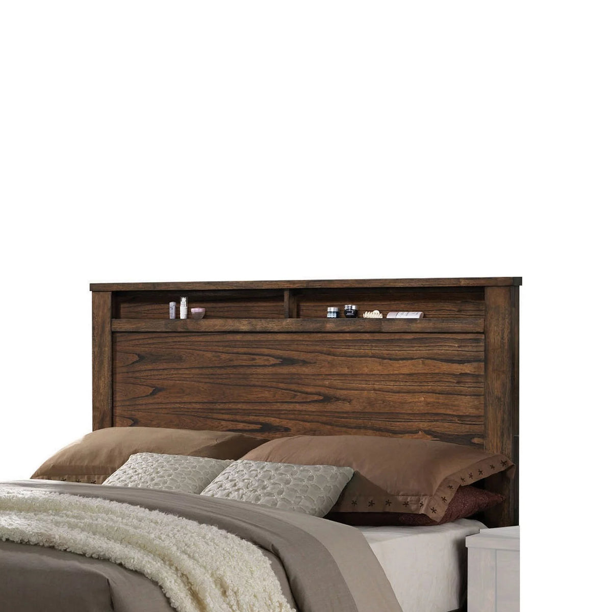 Brown Wooden Eastern King Size Bed with Shelves and Drawers G77815