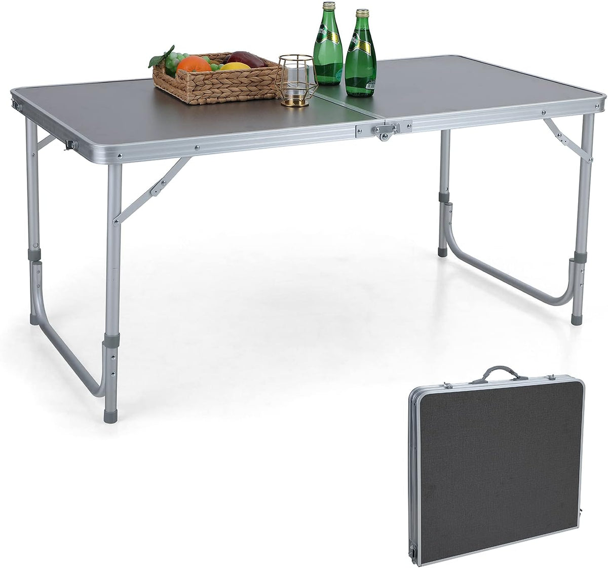 3 Pc Folding Table and Benches Set Aluminum Adjustable Camping Table N46723