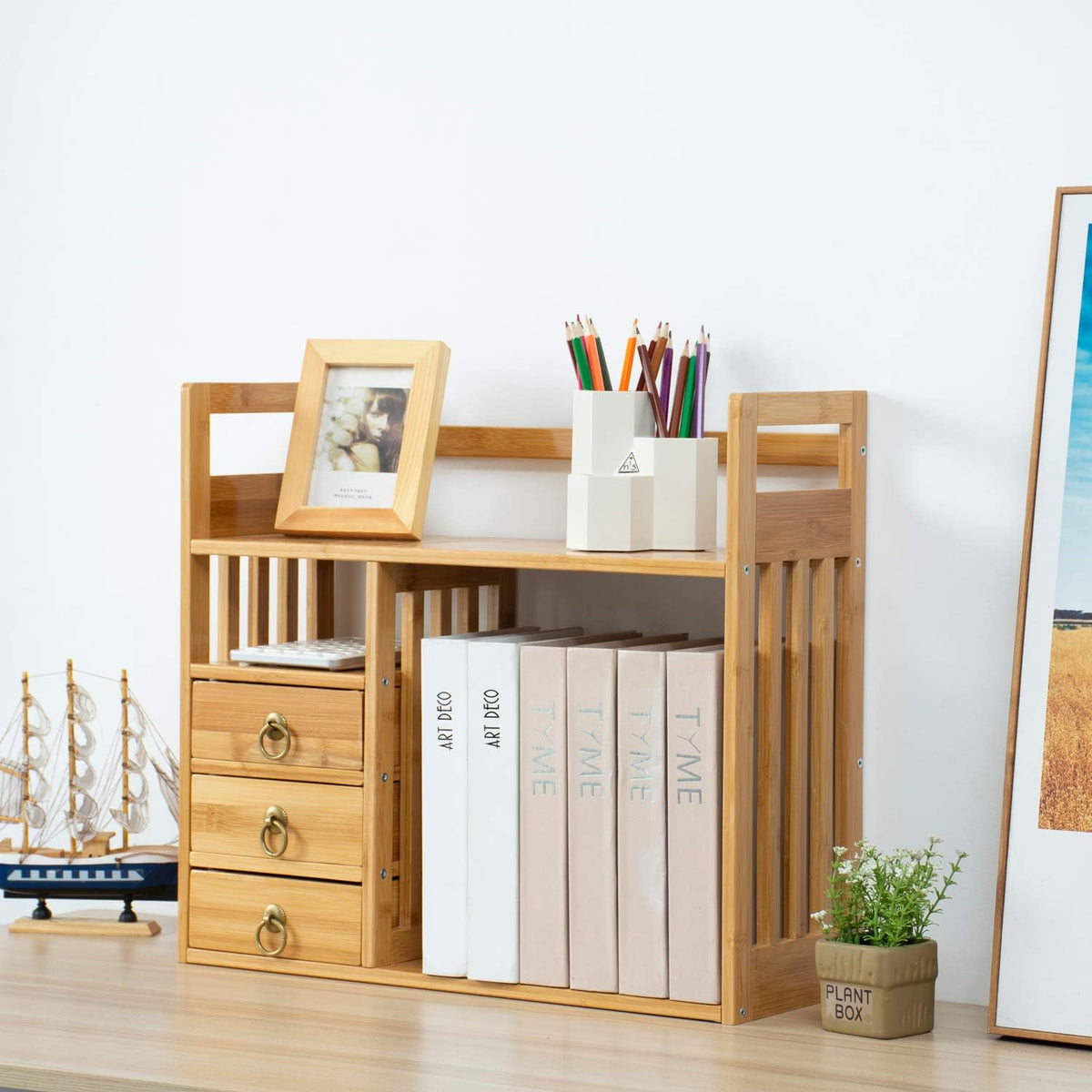Bamboo Desktop Bookshelf with 3 Drawers X3048