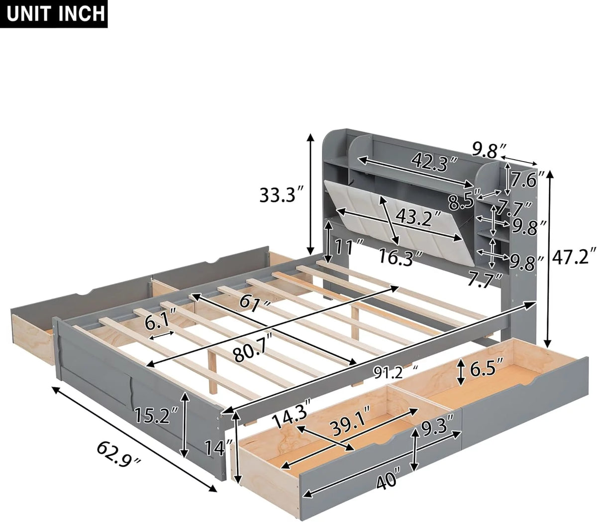 Queen Size Wood Platform Bed Frame with 4 Storage Drawers M900418