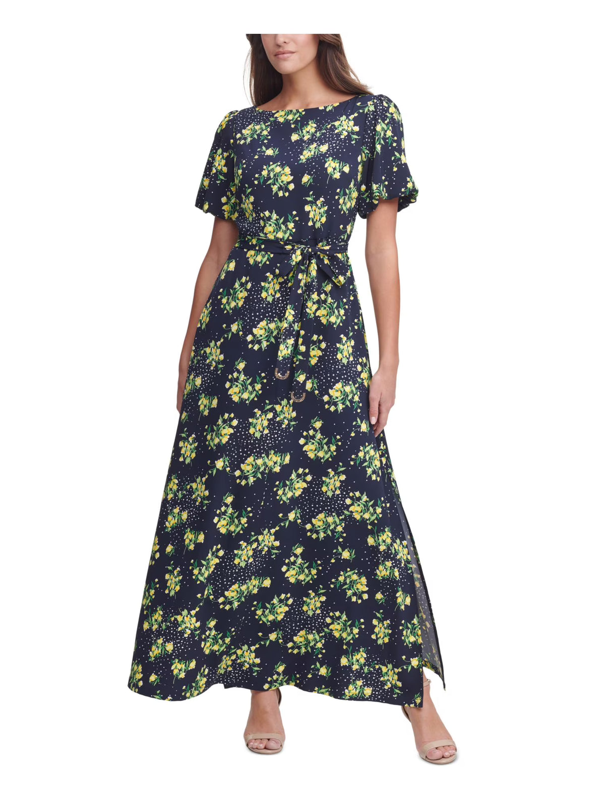 Navy Stretch Floral Short Sleeve Boat Neck Maxi Dress 12 F313947