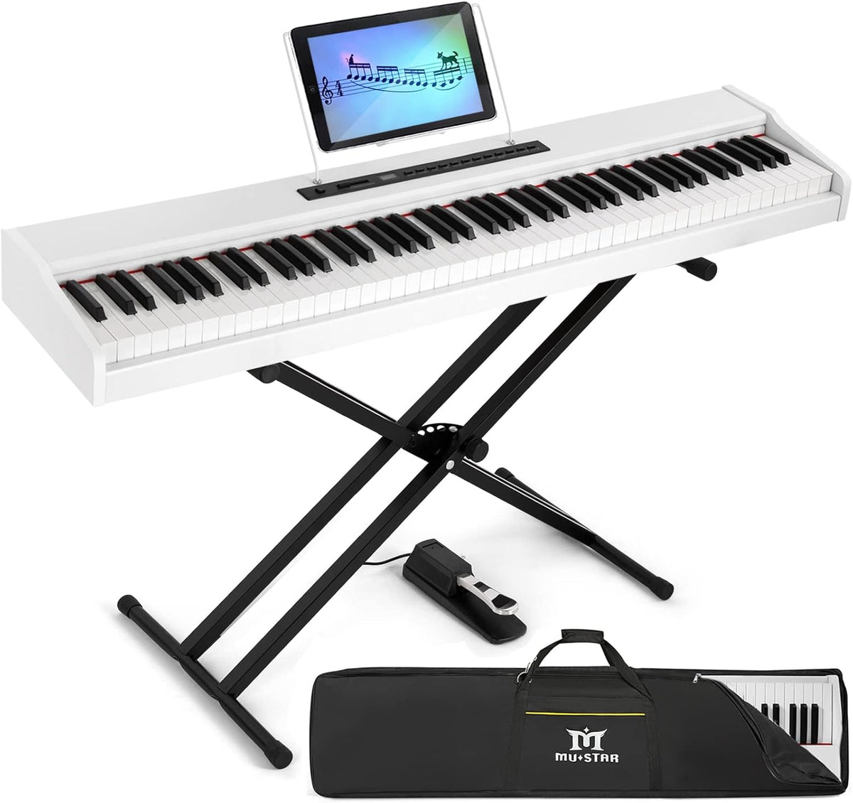 White Digital Piano 88 Weighted Keys with Stand, Bluetooth Connection, Portable Case, Sustain Pedal N4338