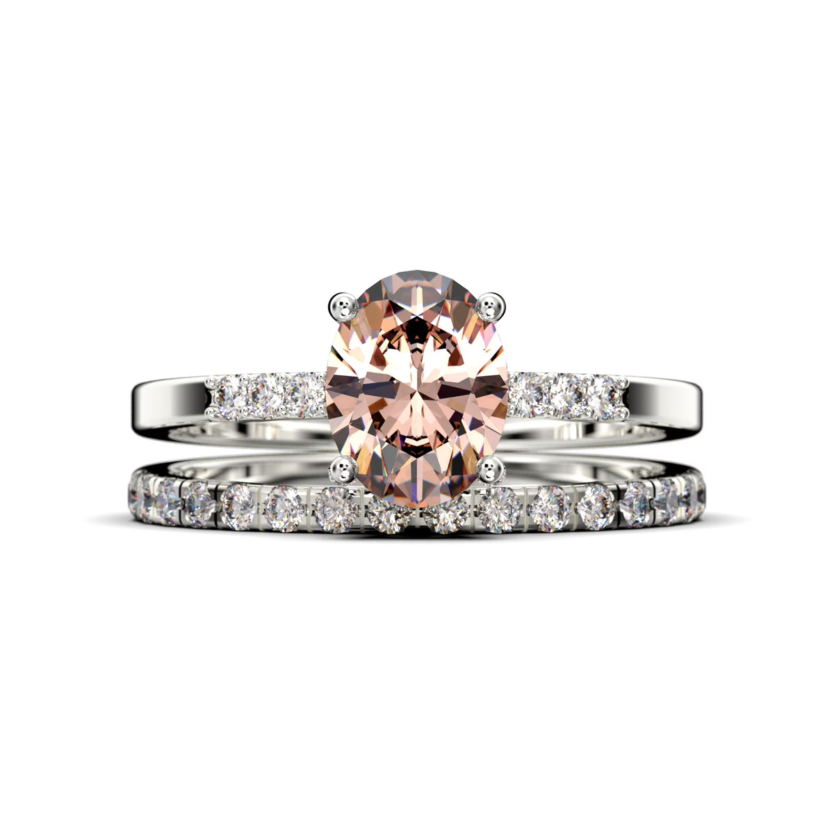 2.00 Carat Oval Cut Morganite And Diamond Moissanite Engagement Ring in 925 Sterling Silver With 18k White Gold Plating D102