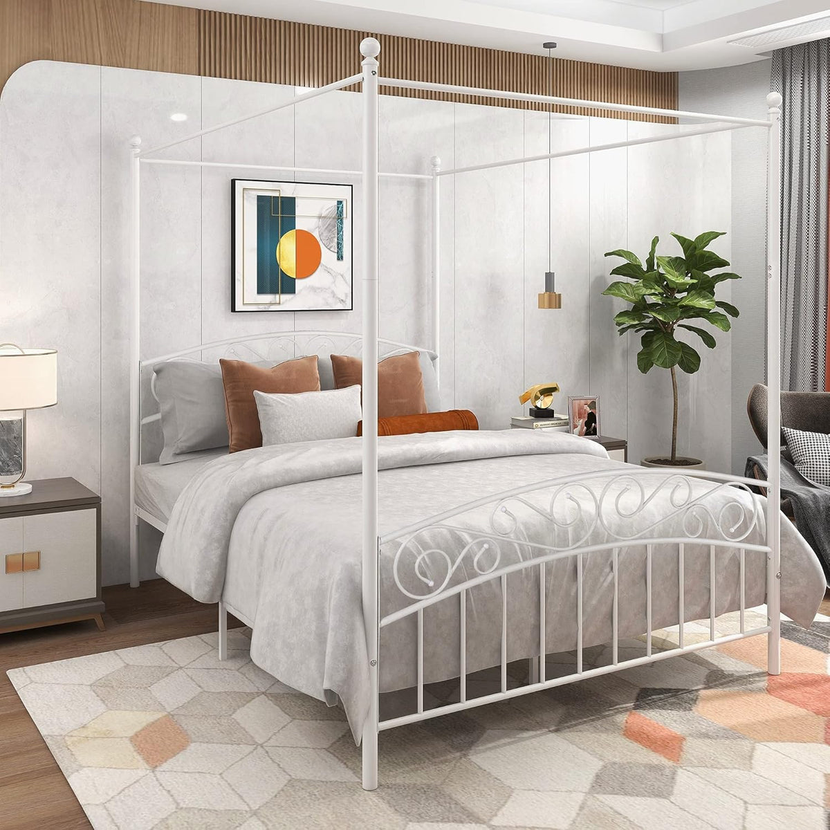 Queen Size White Metal Canopy Bed with Headboard G459