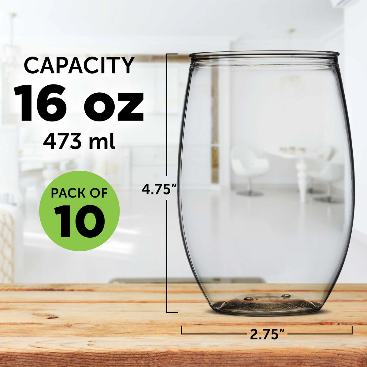 Clear 16 oz Set of 10 BPA Free Plastic Stemless Wine Glasses L44500