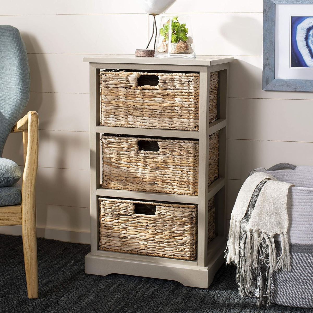 Distressed Black Wicker Basket Storage Side Table Q159716