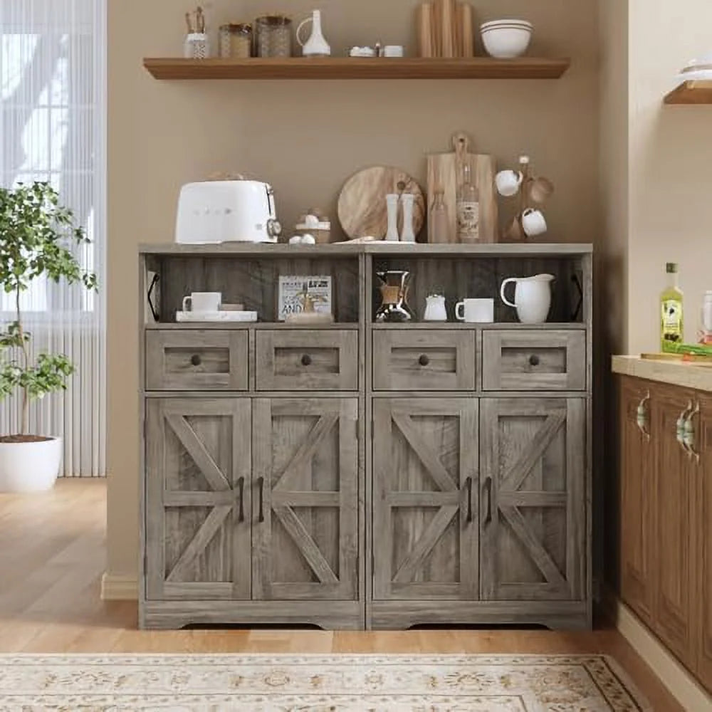 Farmhouse Cabinet with Drawers and Freestanding Kitchen Pantry Floor Cabinet Hutch Cupboard Rustic Grey I64163