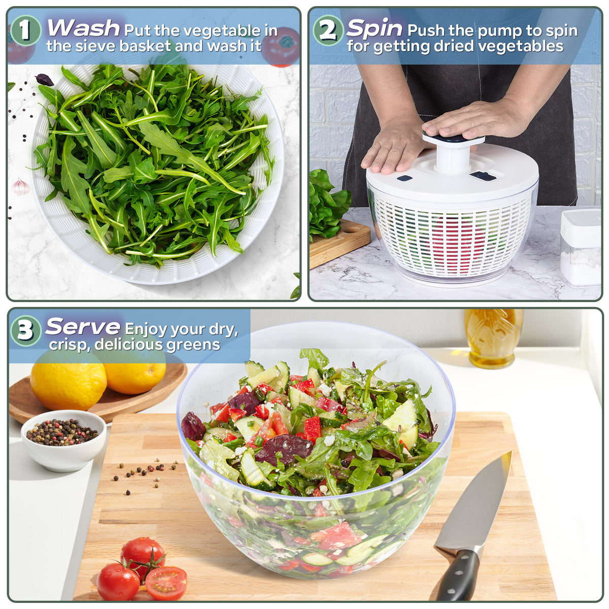 White 6 Quart Manual Salad Spinner with Colander Basket O6633