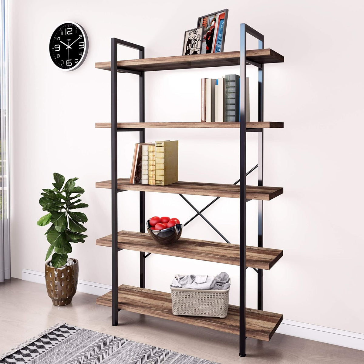 5-Tier Vintage Brown Metal and Wood Bookshelf F504