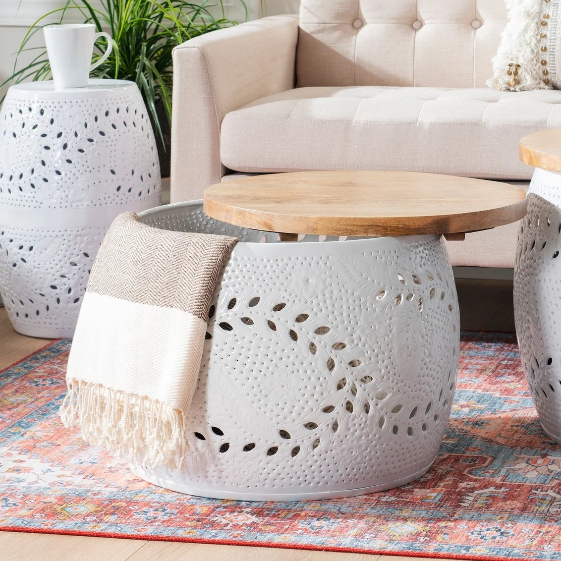 White Metal Storage Drum Table H656272