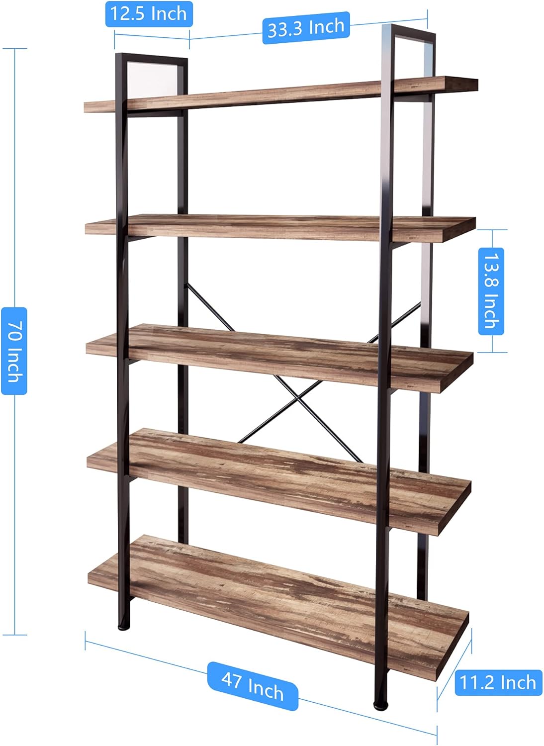 5-Tier Vintage Brown Metal and Wood Bookshelf F504