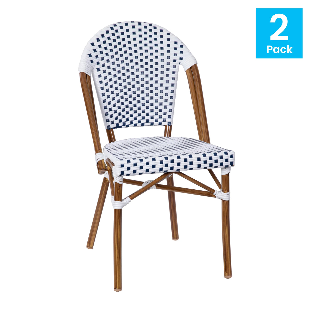 Set of Two Stacking Bistro Chairs with White and Navy Patterned Seats and Backs K16834