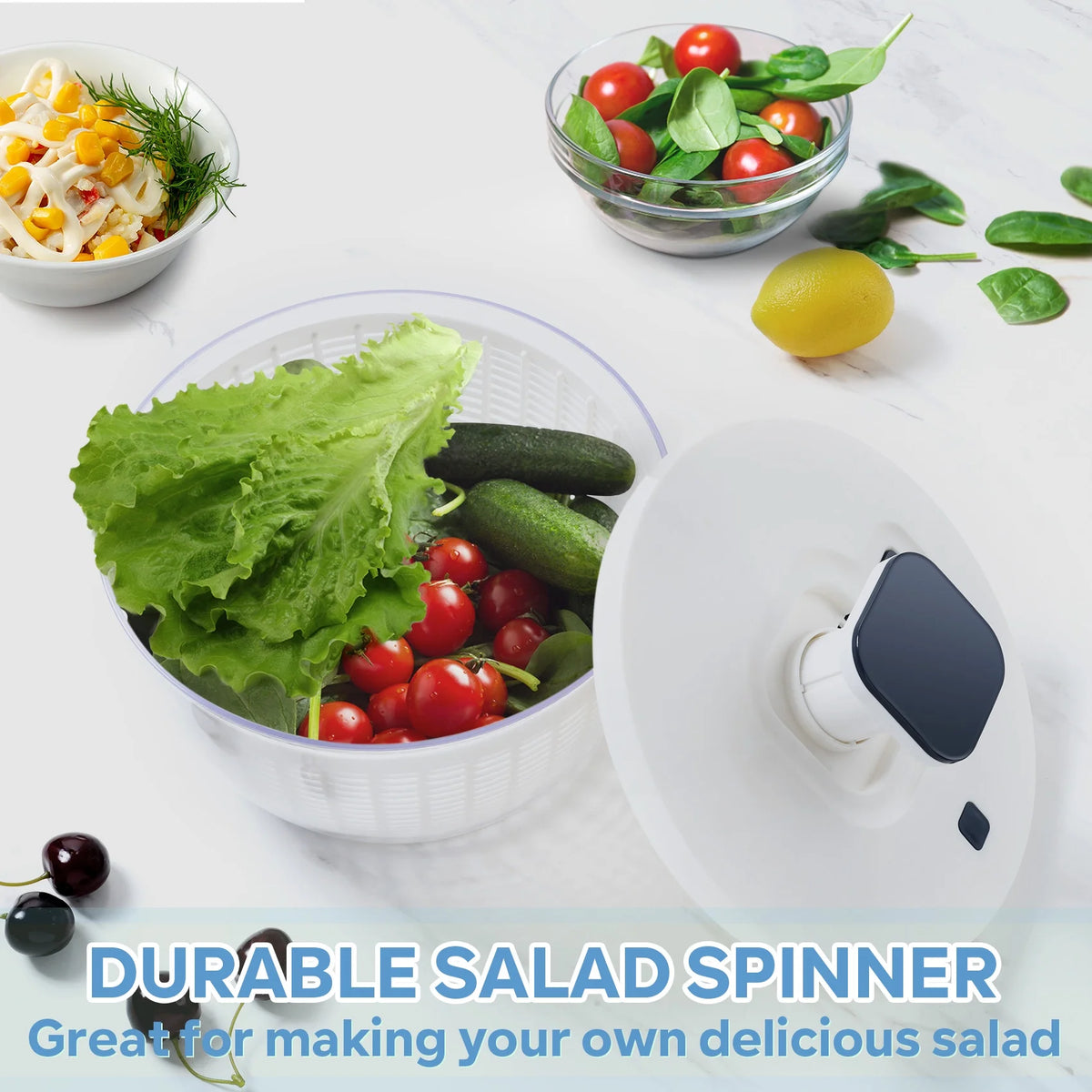 White 6 Quart Manual Salad Spinner with Colander Basket O6633
