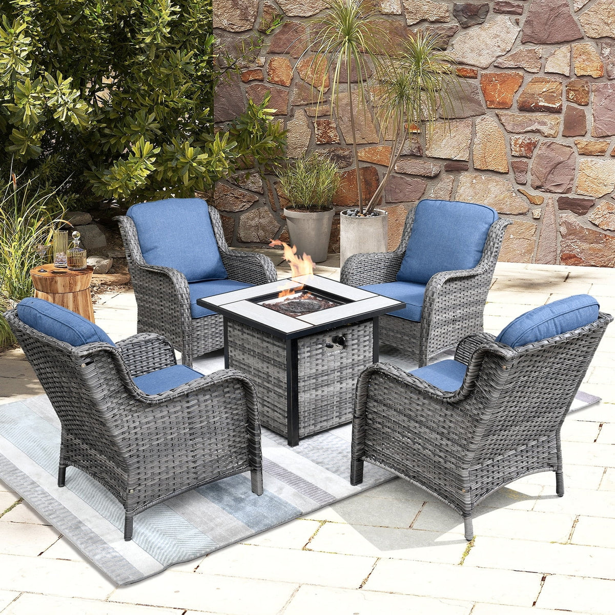 Rattan Wicker 5-piece Patio Furniture Set with Fire Pit Grey M964