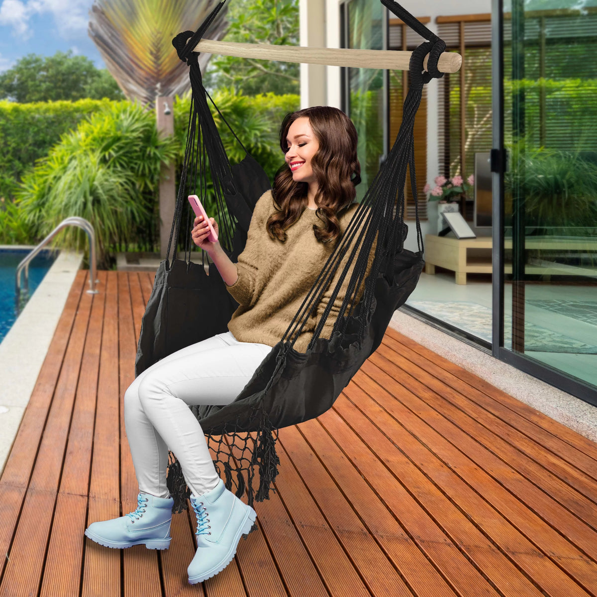 Gray Hammock Chair with Side Pocket and Wooden Spreader Bar F908528