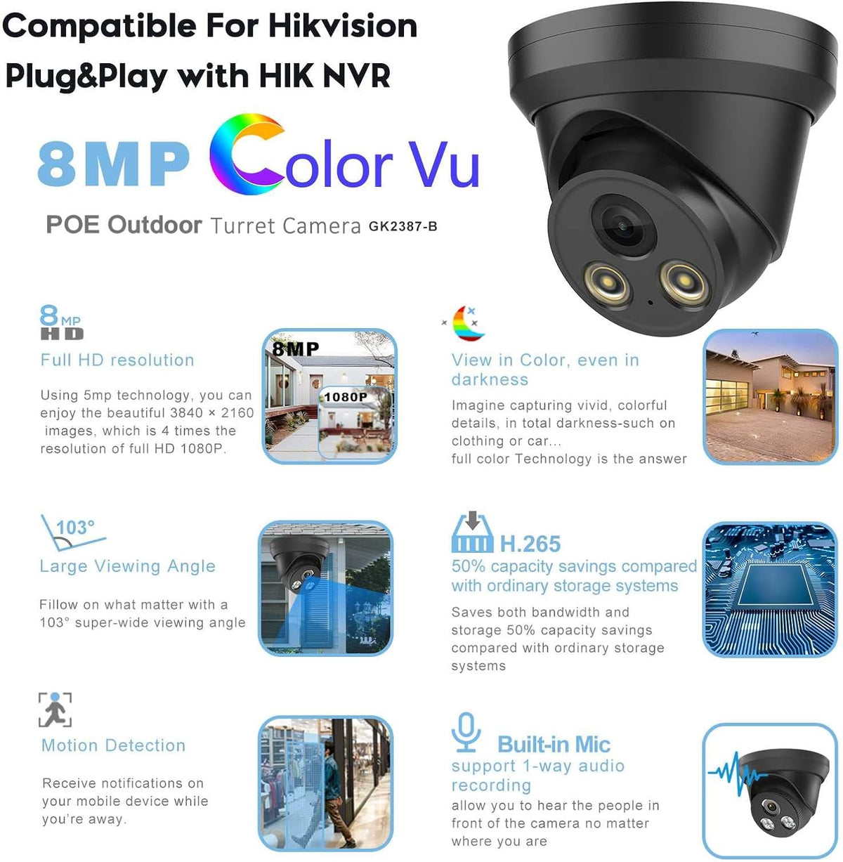 4K 8MP Full Color Night Vision POE IP Security Camera Black 2.8mm Fixed Lens T7560