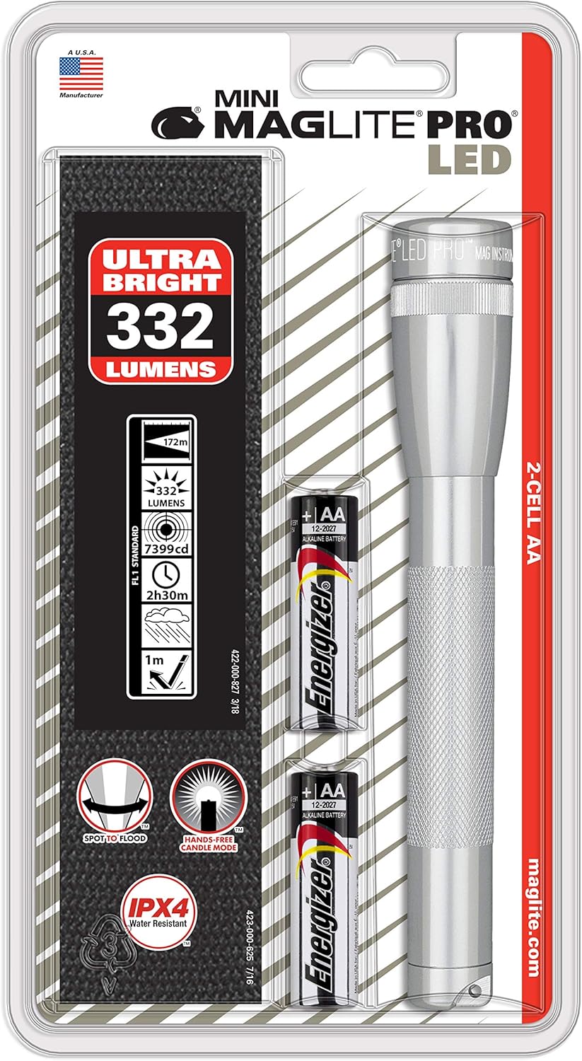 Silver Mini Mag AA Pro LED Flashlight 332 Lumens M903254