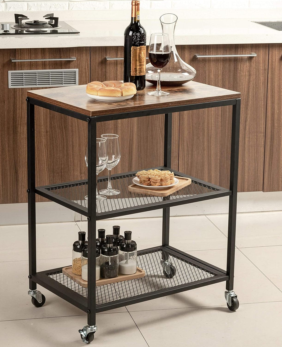 Walnut Wood Metal Bar Serving Cart R62837