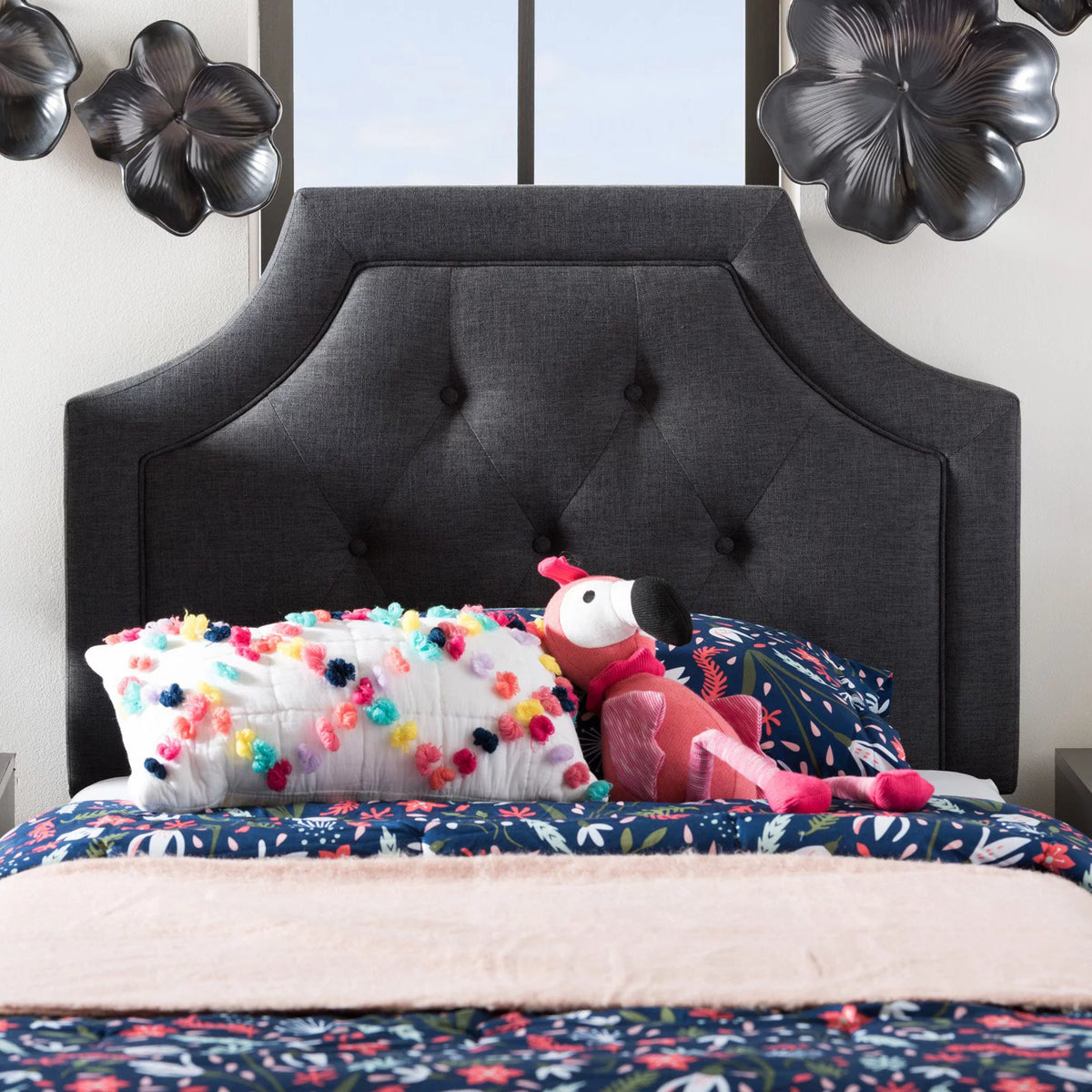 Dark Grey Fabric Twin Size Headboard Q34418