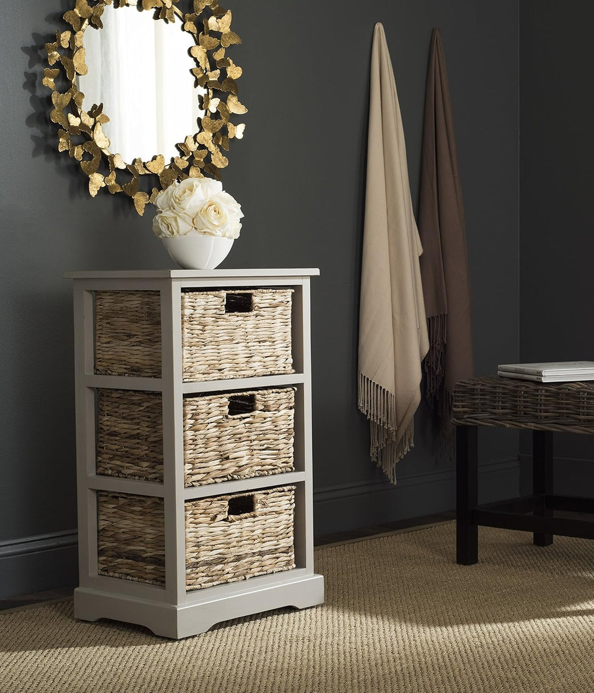 Distressed Black Wicker Basket Storage Side Table Q159716