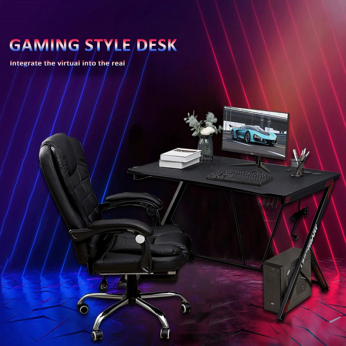 45 inch Carbon Fiber Gaming Desk with Headphone Hook, Cup Holder and Cable Management Holes G88012