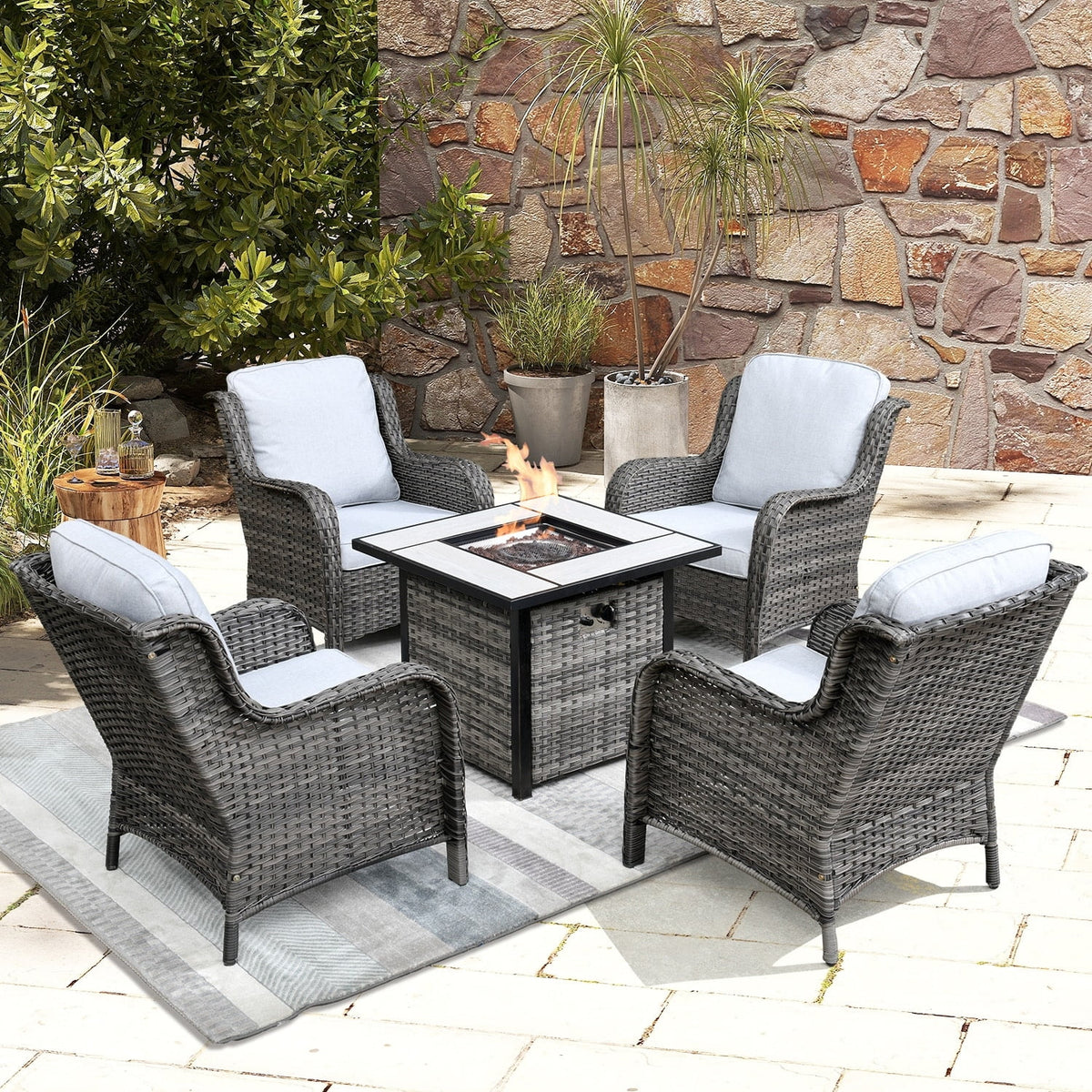 Rattan Wicker 5-piece Patio Furniture Set with Fire Pit Grey M964