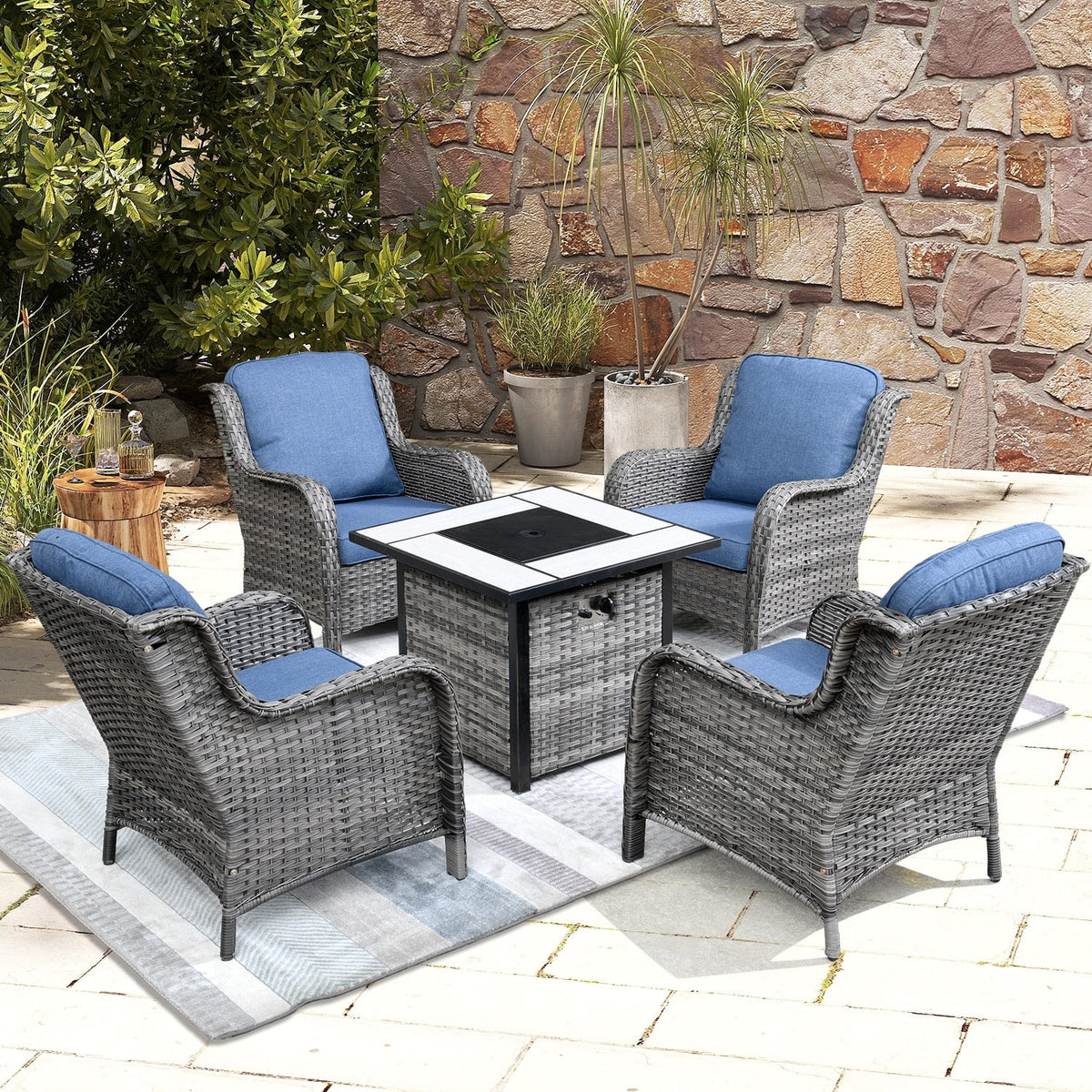 Rattan Wicker 5-piece Patio Furniture Set with Fire Pit Grey M964