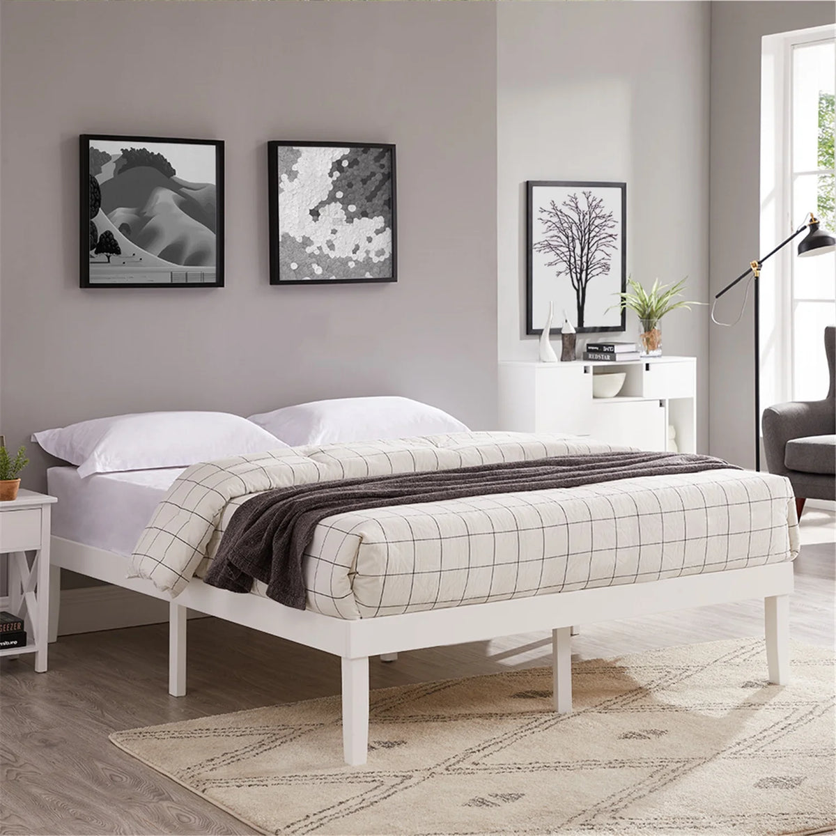 14 Inch King Solid Wood Platform Bed Frame with Wooden Slats, White V770630