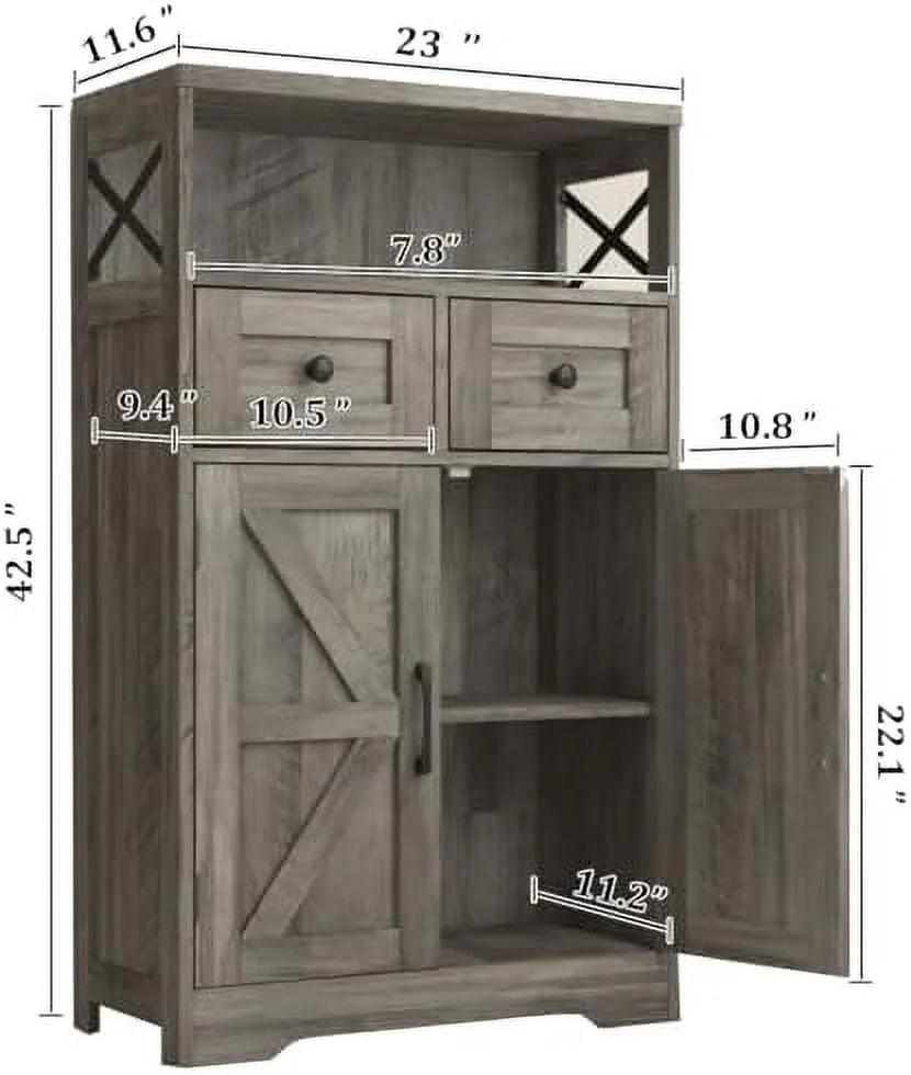 Farmhouse Cabinet with Drawers and Freestanding Kitchen Pantry Floor Cabinet Hutch Cupboard Rustic Grey I64163