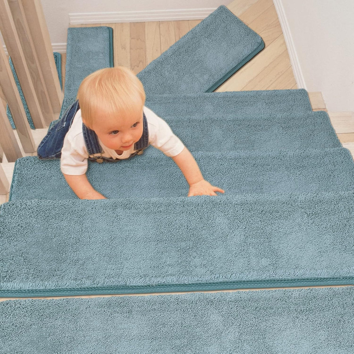 Green 14 Pieces Non-Slip Washable Carpet Stair Treads Set G306