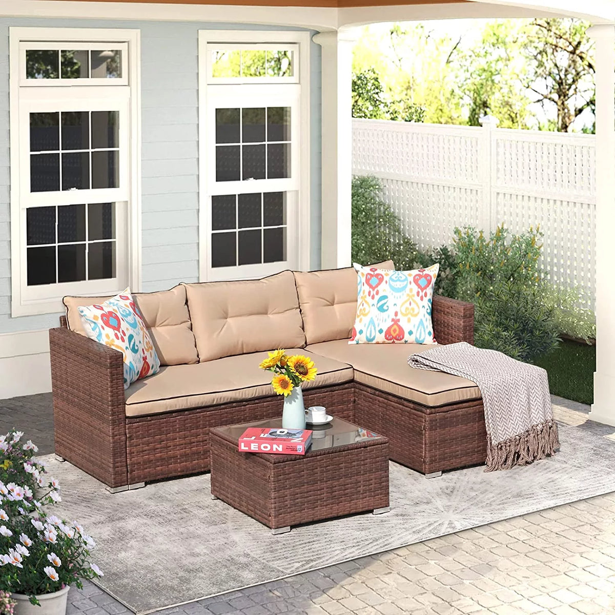 5-Piece Grey Rattan Outdoor Sectional Sofa Set with Glass Coffee Table G77183