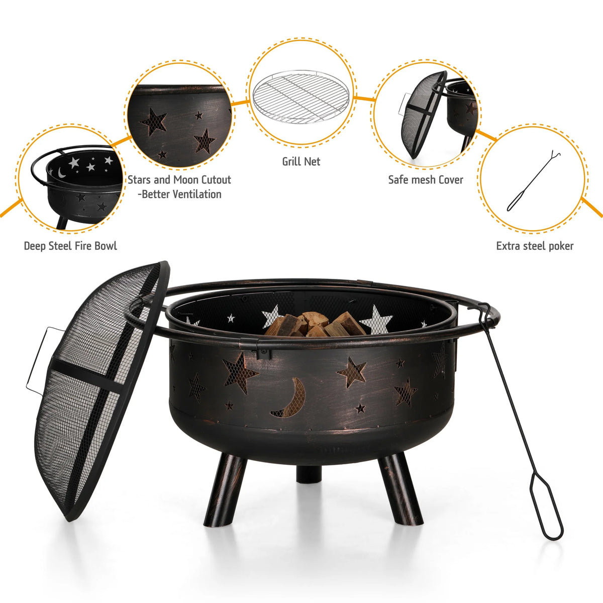 30 2 in 1 Wood Burning Fire Pit with Cover, Poker, BBQ Net - Black Q4112