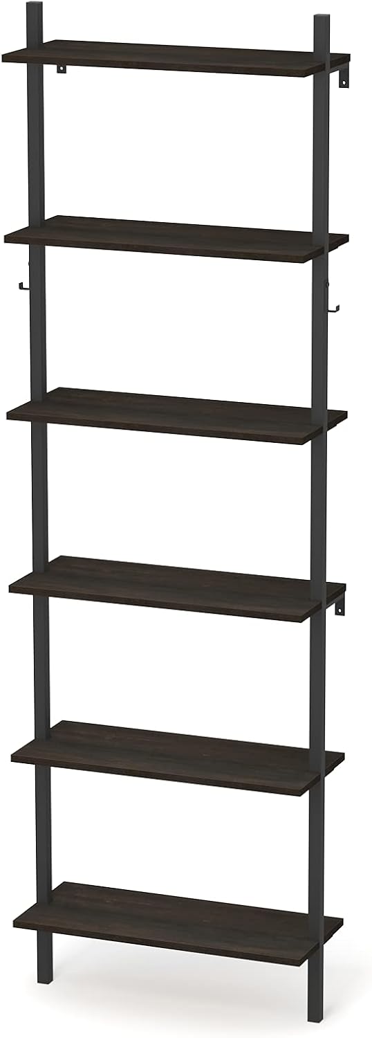 Wall Mounted 6-Tier Open Bookshelf with Hooks M189