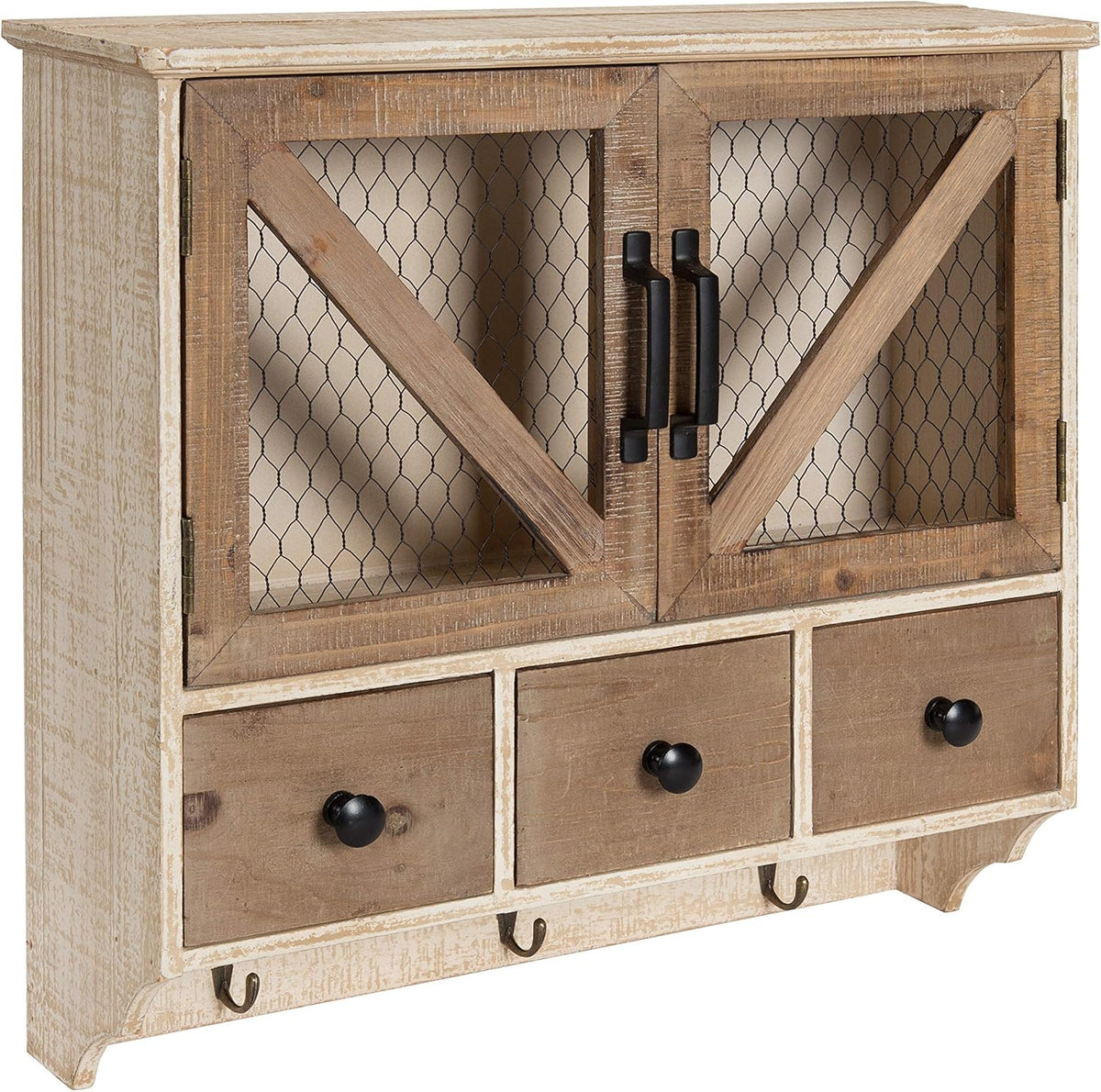 Rustic Wood Wall Cabinet with Magnetic Doors and Three Drawers U119708