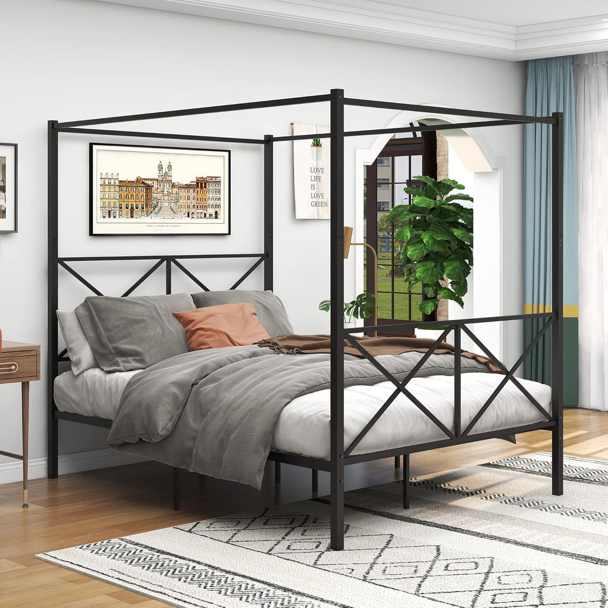 Queen Size White Metal Canopy Bed with Headboard G459