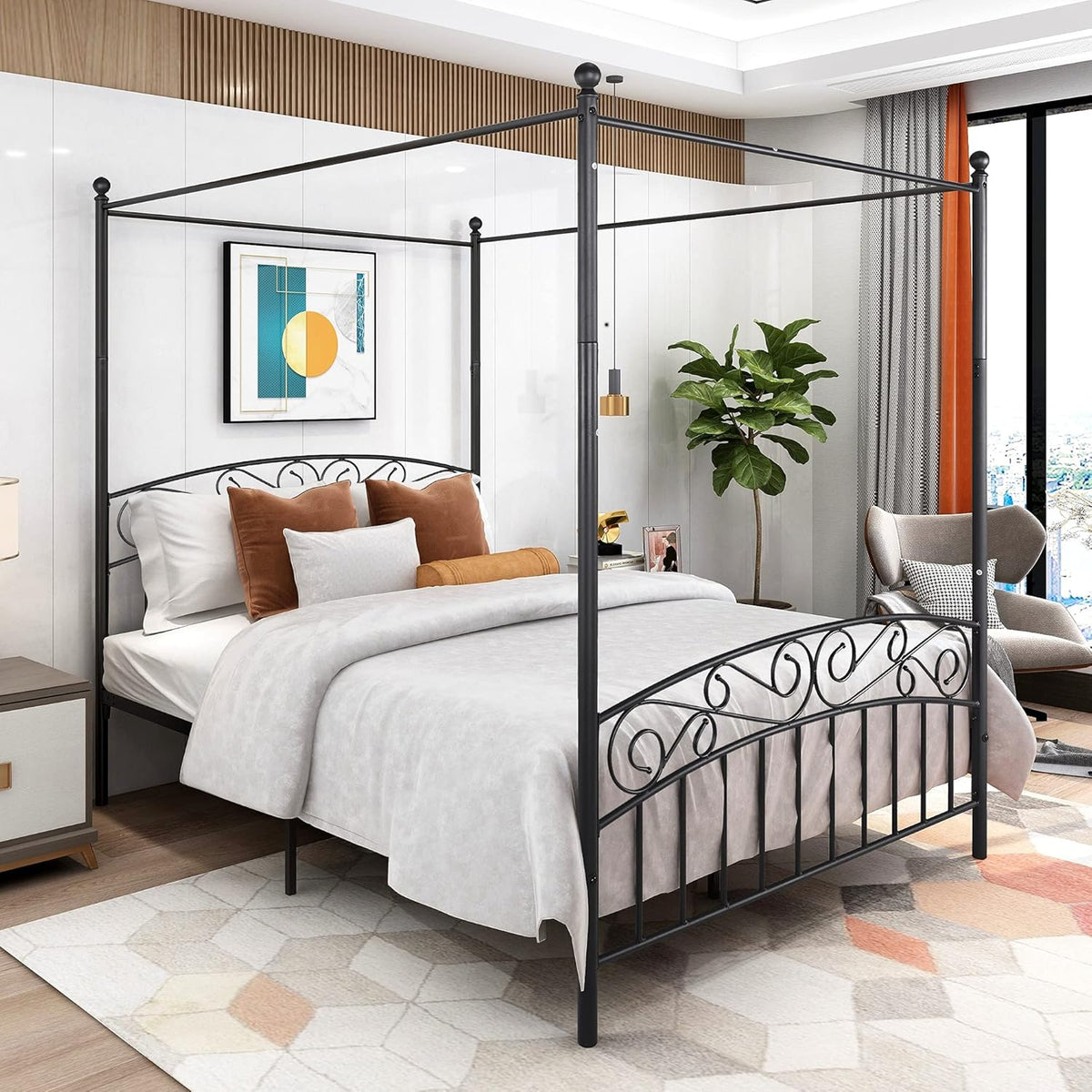Queen Size White Metal Canopy Bed with Headboard G459