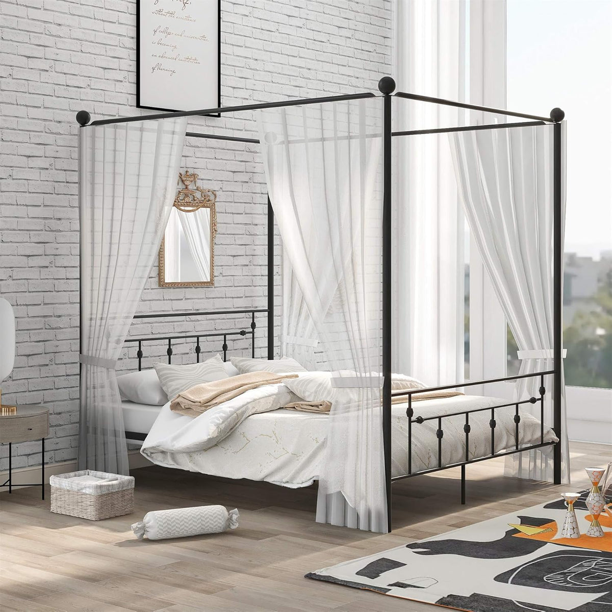 Queen Size White Metal Canopy Bed with Headboard G459