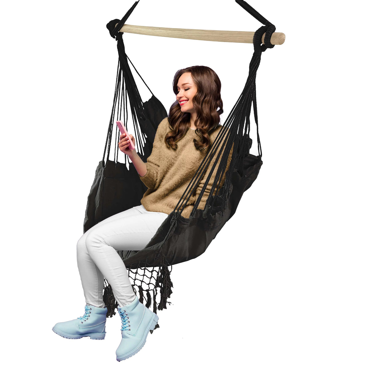 Gray Hammock Chair with Side Pocket and Wooden Spreader Bar F908528