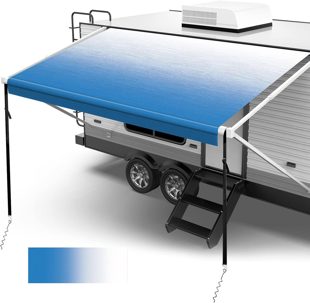 18oz Vinyl RV Awning Fabric Replacement with Awning Anchor Kits & Pull Tension Strap, Blue Fade, 15' F39914
