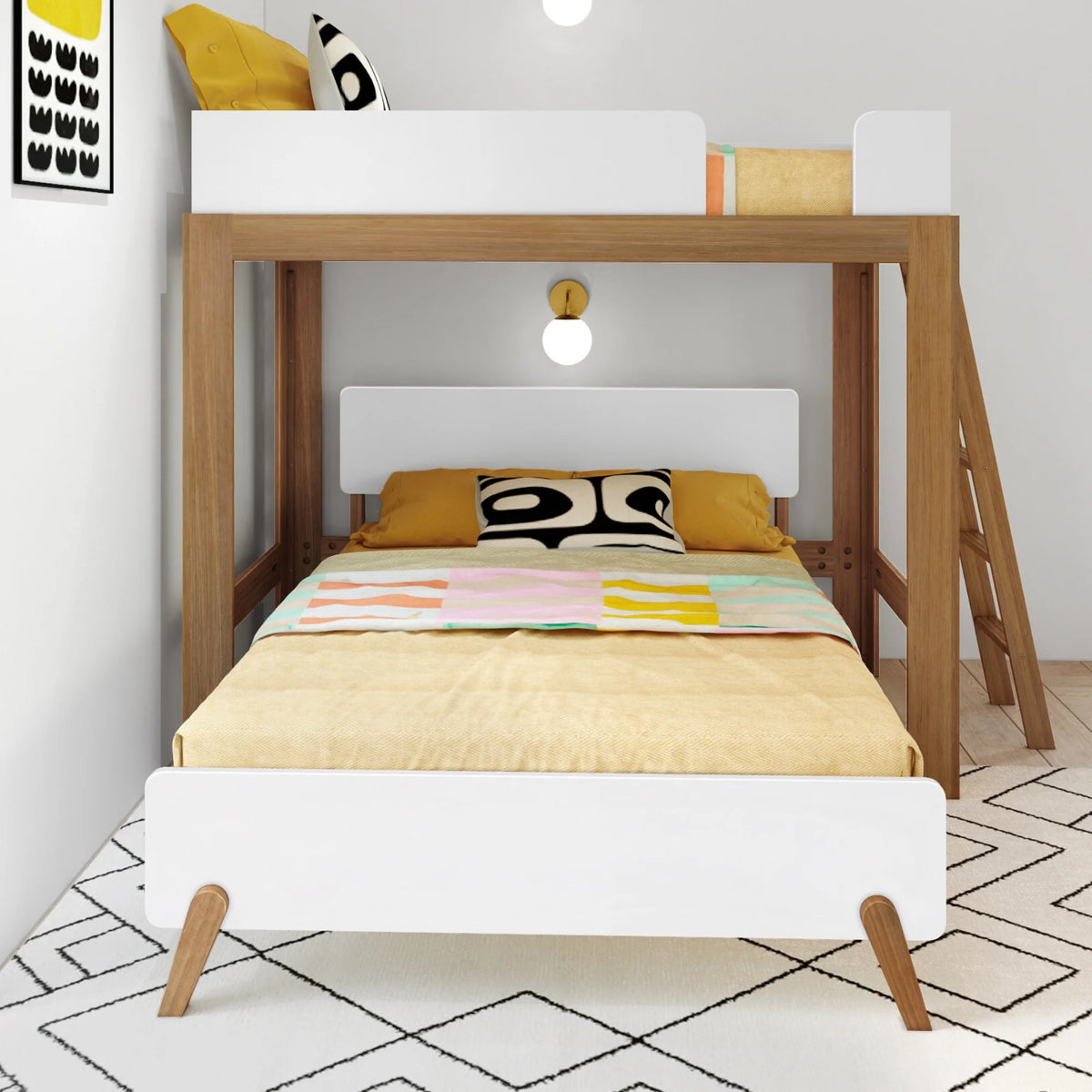 Twin over Full L-Shaped Bunk Bed White Pecan Solid Wood B440