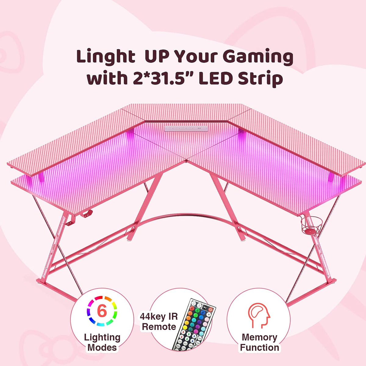 Pink L-Shaped Gaming Desk with LED Strip, Power Outlets, Monitor Stand, Cup Holder, Headphone Hook U4997