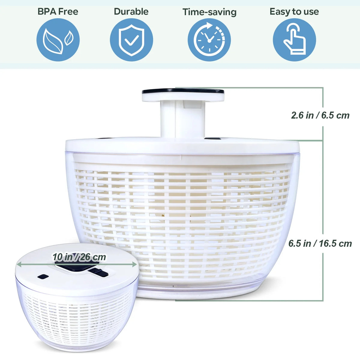 White 6 Quart Manual Salad Spinner with Colander Basket O6633