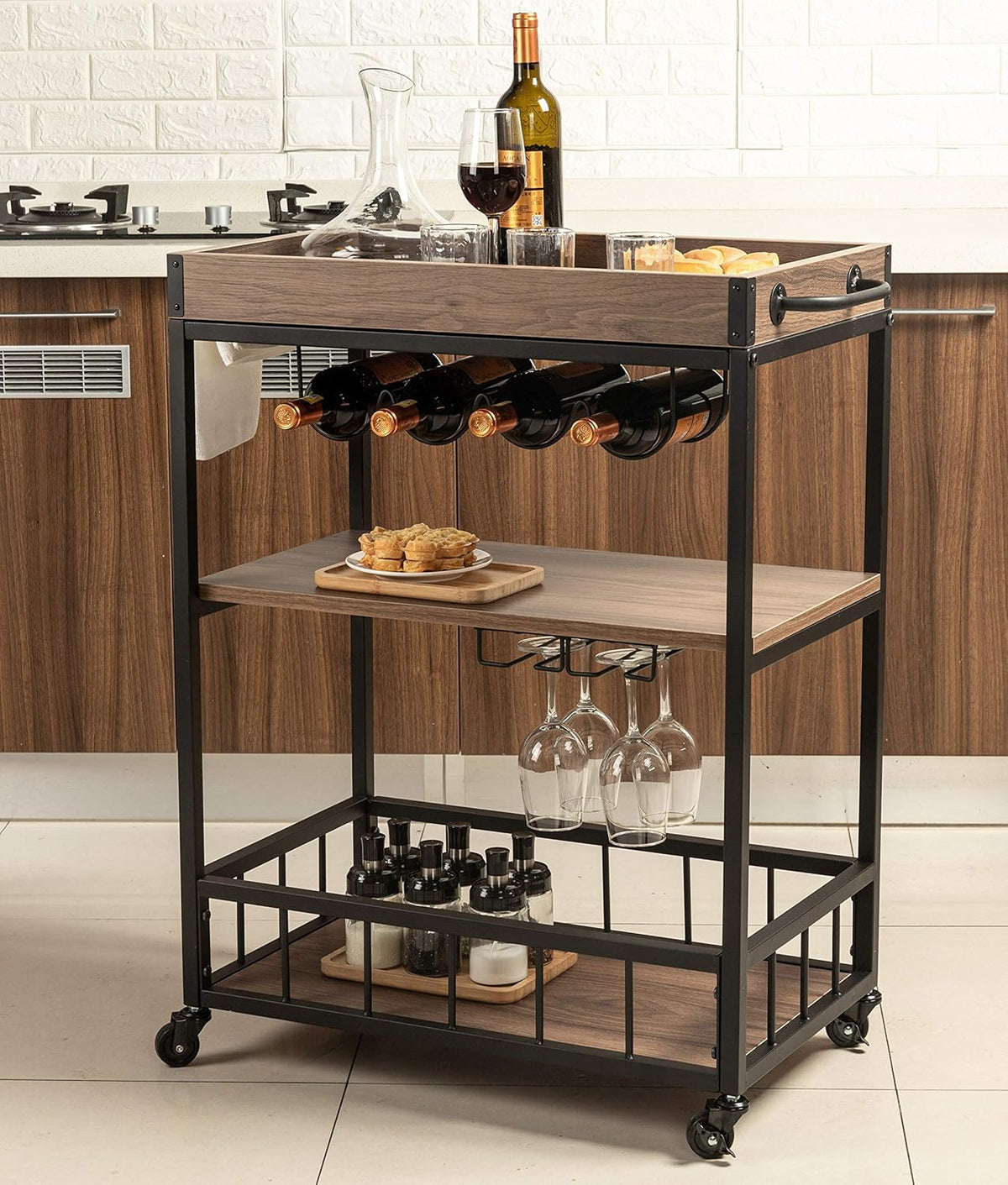 Walnut Wood Metal Bar Serving Cart R62837
