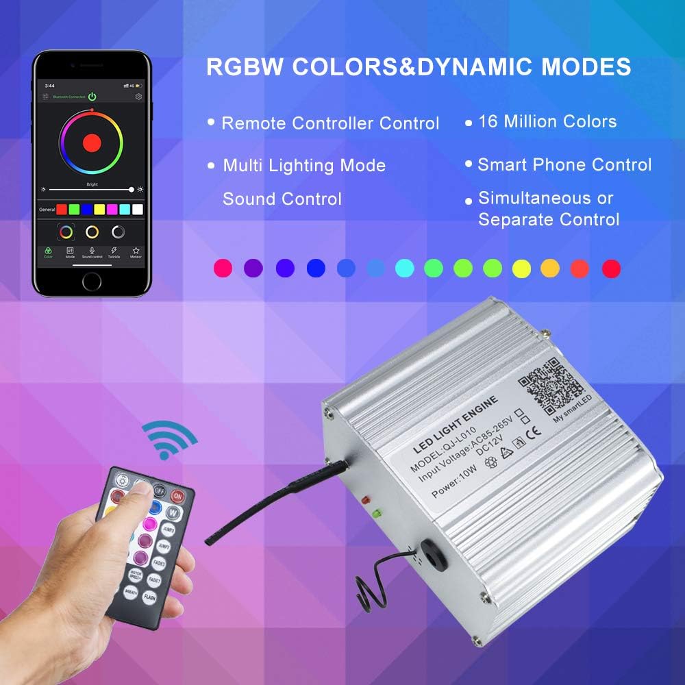 10W Fiber Optic Light Star Ceiling Kit with Bluetooth APP Control LED RGBW Engine Driver, 380pcs Fiber Optical Cables 9.8ft/3m Y33100