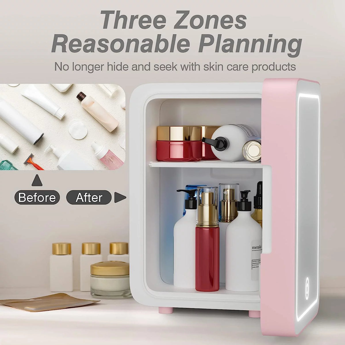 Pink Portable Makeup Skincare Fridge with LED Mirror A487
