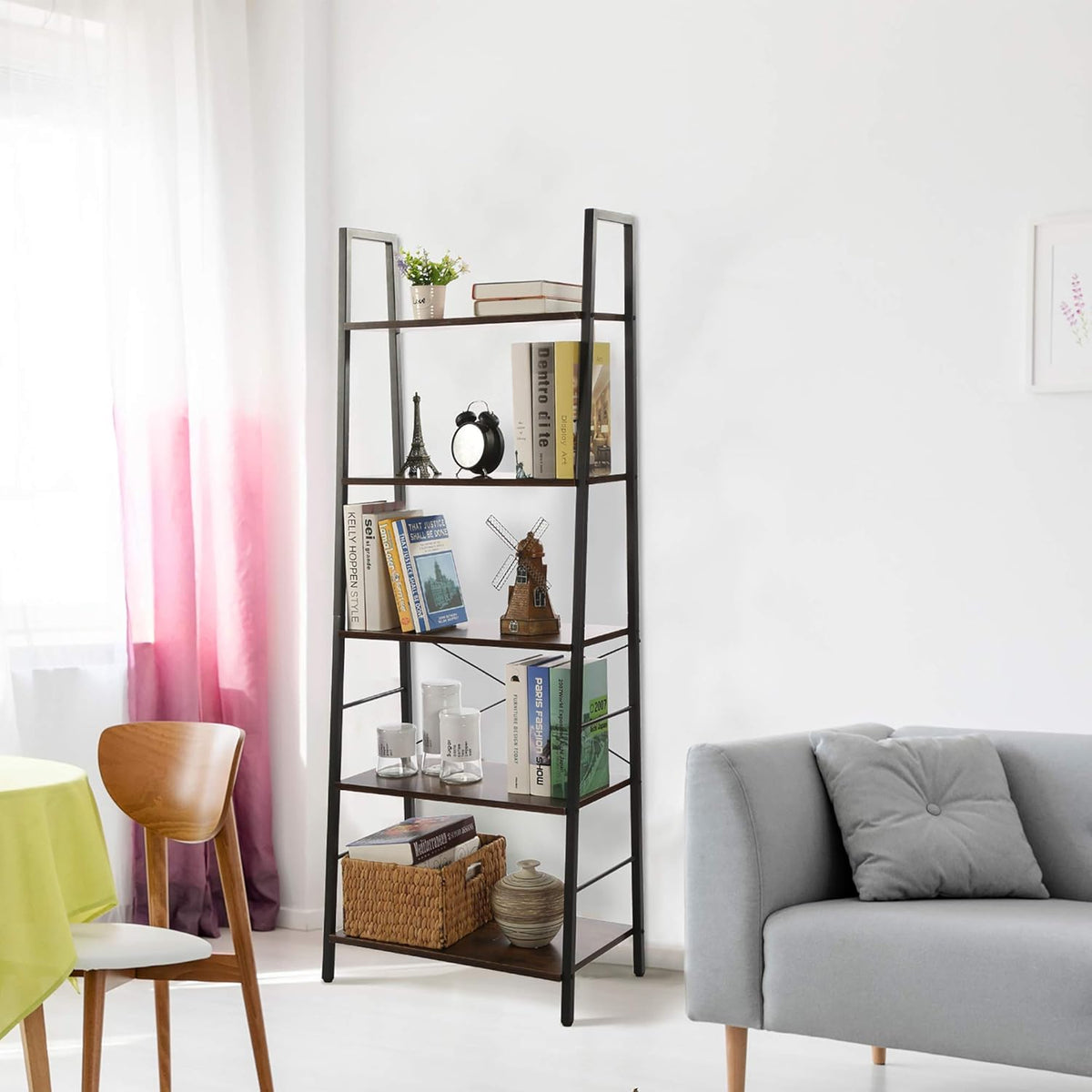 5-Tier Industrial Wood Ladder Shelf D363