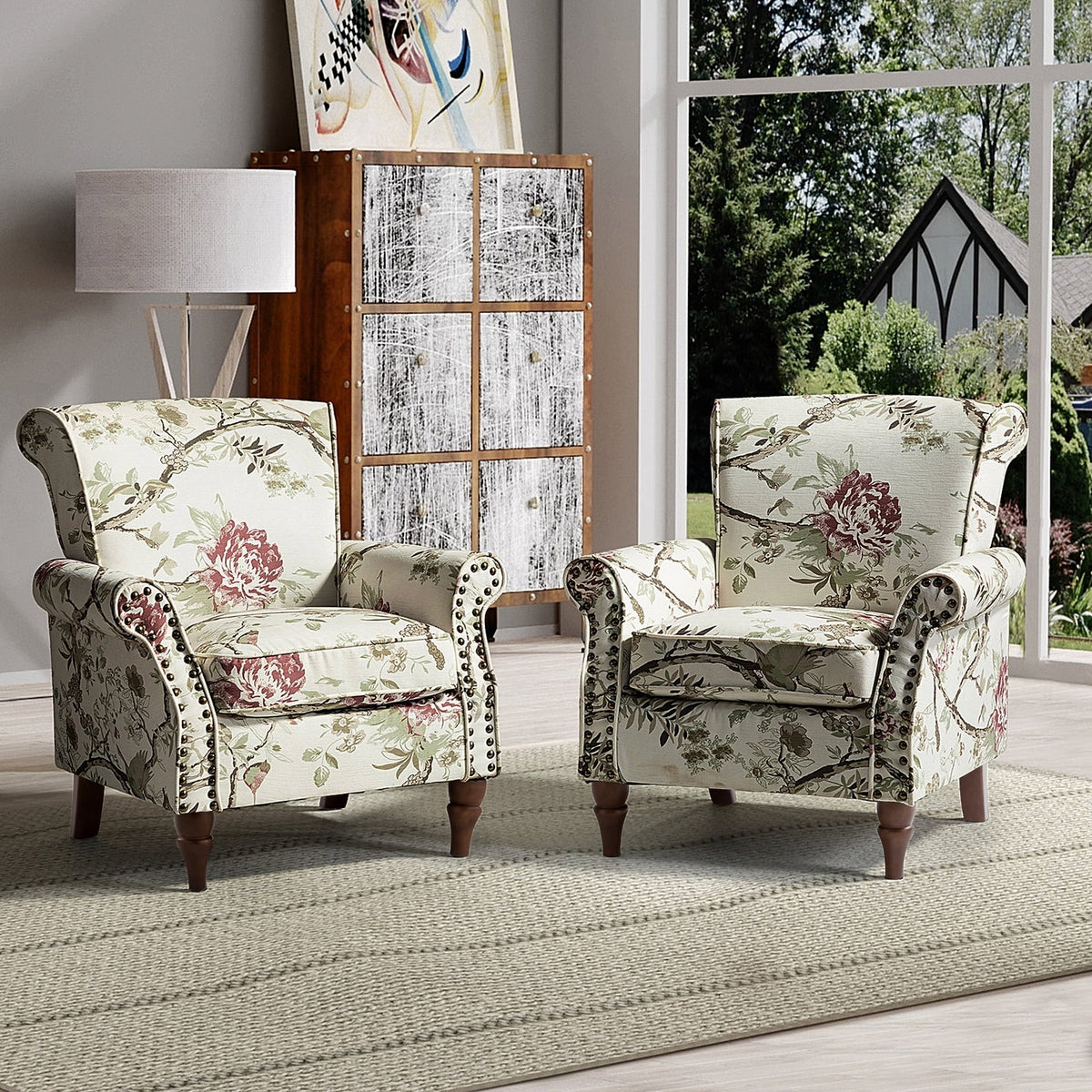 Wooden Upholstered Accent Chair Set of 2 with Removable Cushion Wingback Floral Lounge Sofa Set Nailhead Trim X374929