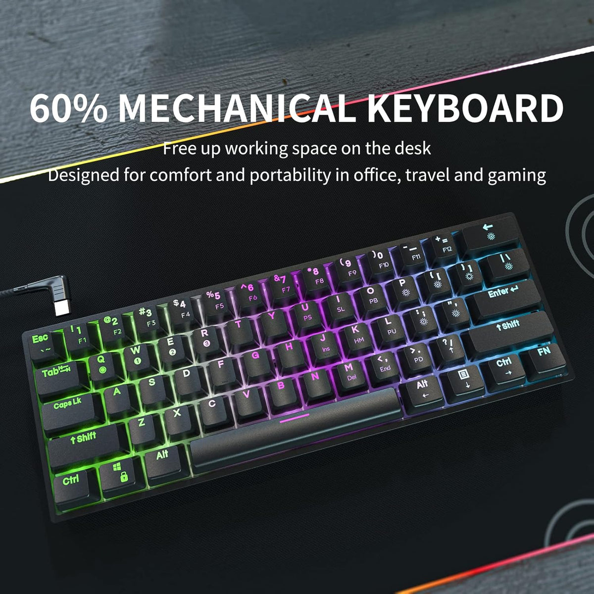 60% Wired Mechanical Gaming Keyboard with RGB Backlit PBT Keycap Waterproof Type-C Mini Compact 61 Keys Computer Keyboard Full Keys Programmable Gateron Optical Red Switch Pack of 2 T236074
