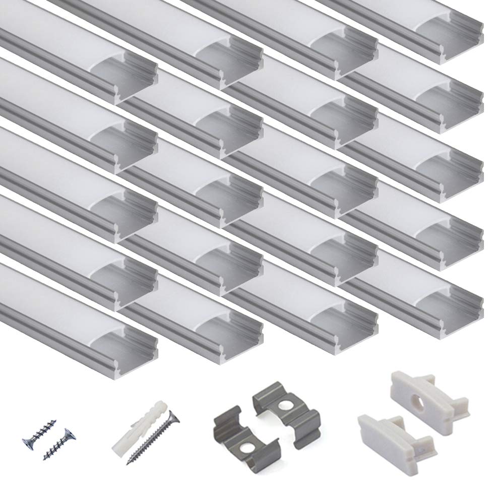 20-Pack 3.3ft U Shape LED Aluminum Channel System with Milky Cover, End Caps and Mounting Clips J7915
