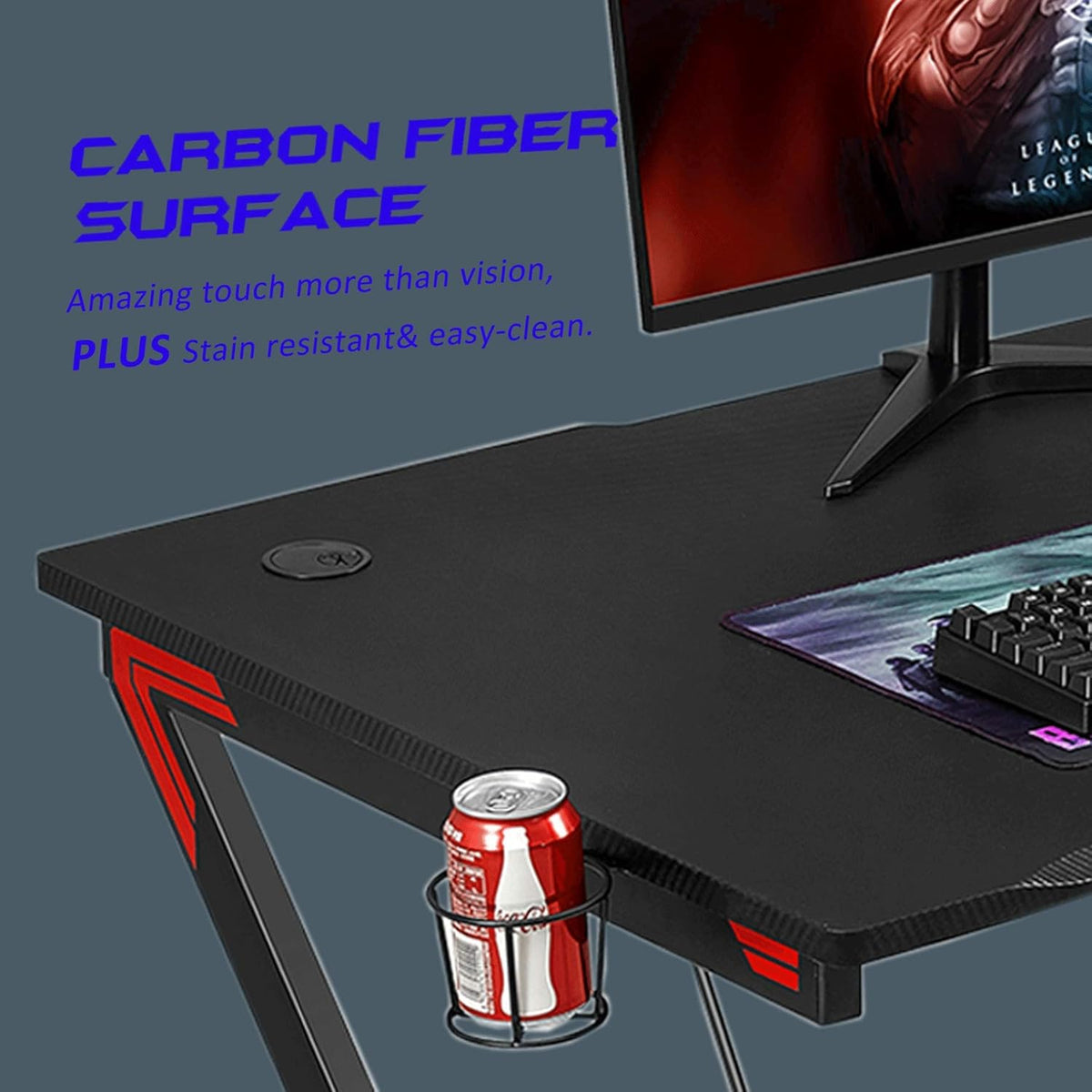 45 inch Carbon Fiber Gaming Desk with Headphone Hook, Cup Holder and Cable Management Holes G88012
